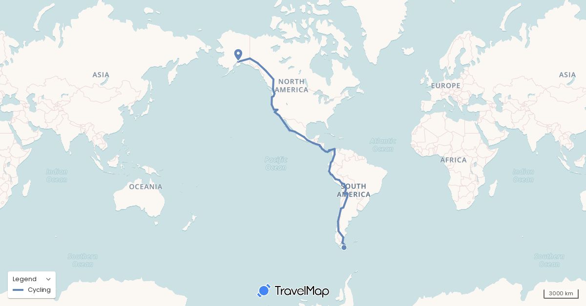 TravelMap itinerary: cycling in Argentina, Bolivia, Canada, Chile, Colombia, Costa Rica, Ecuador, Guatemala, Honduras, Mexico, Nicaragua, Panama, Peru, El Salvador, United States (North America, South America)